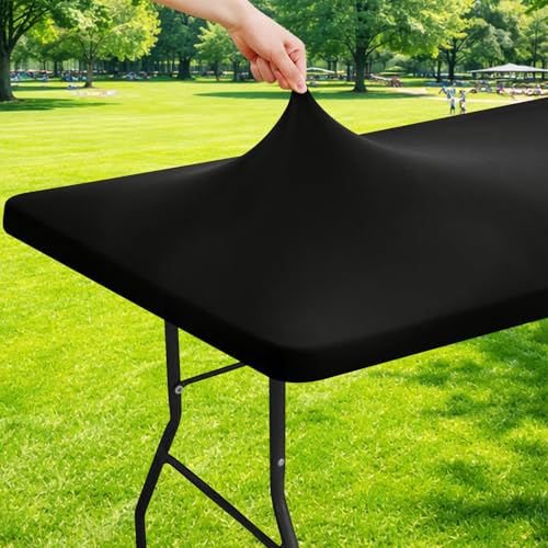 Moosfor Spandex 6 Foot Rectangle Table Cloth, Elastic Fitted Tablecloths for Picnic, Stretch Washable Patio Table Cover for Outdoor, Camping, Banquet and Parties (Black, 30'x72')