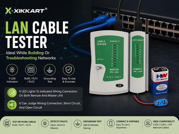 XIKKART Lan Tester, RJ45 And RJ11 Network Cable Tester With 9V Battery, LED Indicators RJ12 CAT5 CAT 6 UTP Ethernet Lan Cable Tester Test Tool For Internet Broadband Connection Test, Battery 2