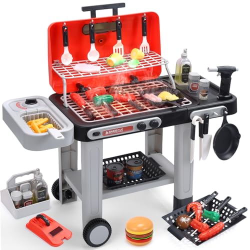 CUTE STONE Kids BBQ Grill Toys, Color Changing Play Food, Sizzling Sound & Light Effects, Cool Mist Spray, Pretend Cooking with Frying & Grilling, 2-Tier BBQ on Wheels - Kitchen Toy, Birthday Gift by CUTE STONE - Used condition - US$51.04