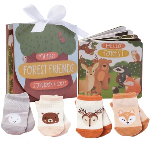 Image of Tickle & Main Registry for Baby 5-Piece Woodland Animal Gift Set 0-12 Months - Woodland Friends Socks & Hello Forest Board Book - Baby Gender Neutral Gift