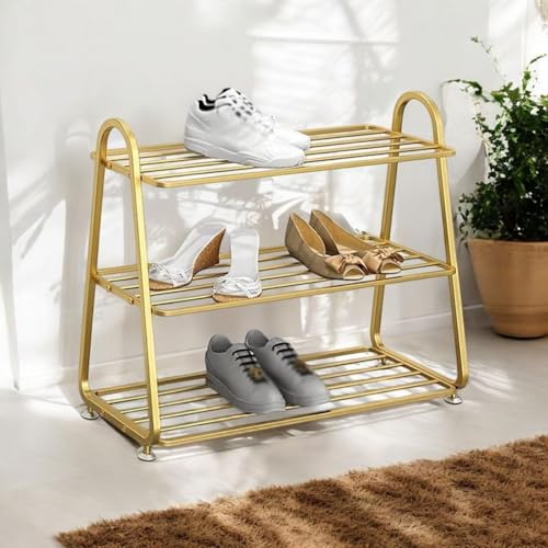 Image of MetalTouch 3-Tier Metal Shoe Rack for Entryway, Closet, or Bedroom ? Stackable & Space-Saving Shoe Organizer Shelf ? Rustproof, Heavy-Duty Storage ? Gold