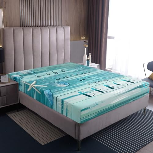 Homemissing Seestern Bettlaken Set Küstenstrand Spannbettlaken 160x200cm für Kinder Jungen Mädchen Bauernhaus Holz Sommer Hawaiianisches Seeleben Ozean Marine Muscheln Muster Ganze Saison