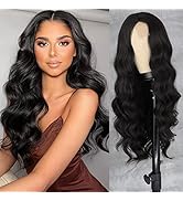 LINGHANG Long Black Wavy Curly Wigs for Women Middle Part Black Curly Wig Heat Resistant Syntheti...