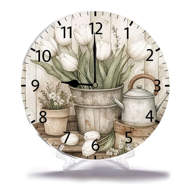 Geroclonup Home Decor Orologio da parete a secchiello con tulipani bianchi Hello Spring 25 cm Orologio da parete rotondo a batteria silenzioso shabby chic decorazione da parete per soggiorno cucina