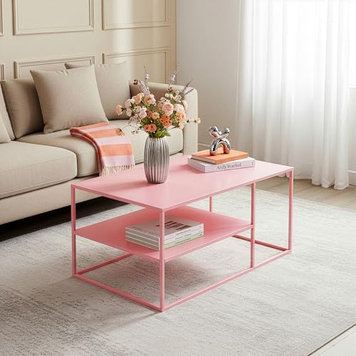 [en.casa] Table Basse du Salon Rectangulaire Acier Solide Robuste Étagère de Rangement 45 x 90 x 60 cm Rose