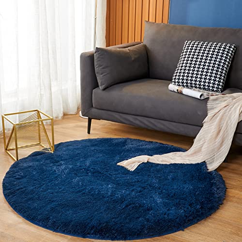Area Rugs For Bedroom Living Room, 4Ft X 4Ft Navy Blue Circle Fluffy Rug For Kids Room, Shaggy Throw Carpet For Nursery Room, Fuzzy Plush Rug For Dorm, Cute Room Decor For Girls Boys Room #TOP2