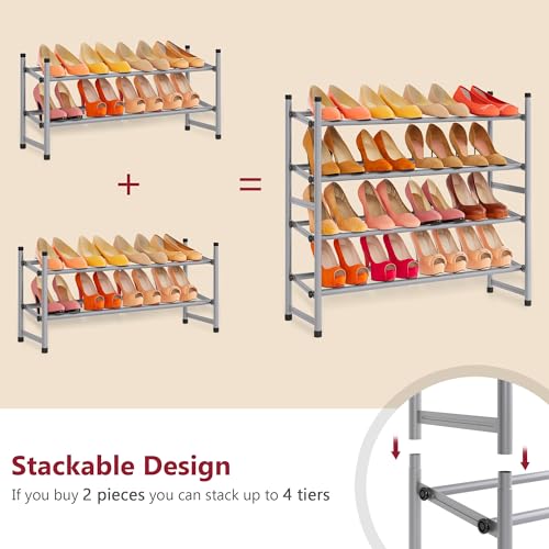 Image of Tajsoon 2 Tier Expandable Shoe Rack for Closet, 28 inch-41 inchAdjustable & Stackable Shoe Shelf Storage, Metal Shoe Rack Organizer for Front Door Entrance, Closet, Garage, Entryway, Grey