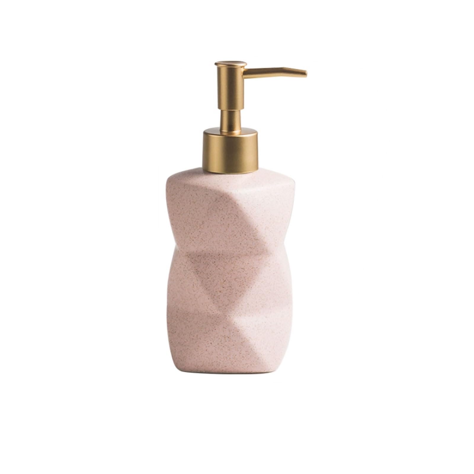 10.1oz Ceramic Soap Dispenser Geometric Design, Matte Glaze, Retro Gold Pump, Countertop Lotion(Rose)
