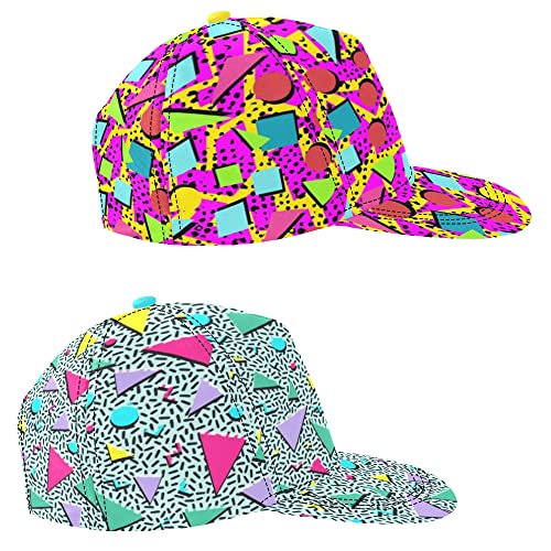 Neon 80S 90S Flat Bill Baseball Cap For Men Women Teens, Retro Memphis Snapback Sun Hat For Pack 2 #TOP2