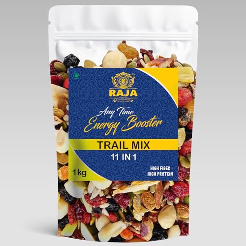Shree Raja Trail Mix 1 kg | 11-in-1 Superfood Dry Fruits & Nuts Mix | Premium Mixed Snack with Almonds, Cashews, Walnuts, Pistachios, Pumpkin Seeds, Sunflower Seeds, Black Raisins, Green Kishmish, Dates, Dried Cranberries & Papaya Mix | Pack of 1