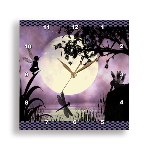 3dRose Fairies and Dragonflies with an Purple Moon Wall Clock, 10 by 10-Inch