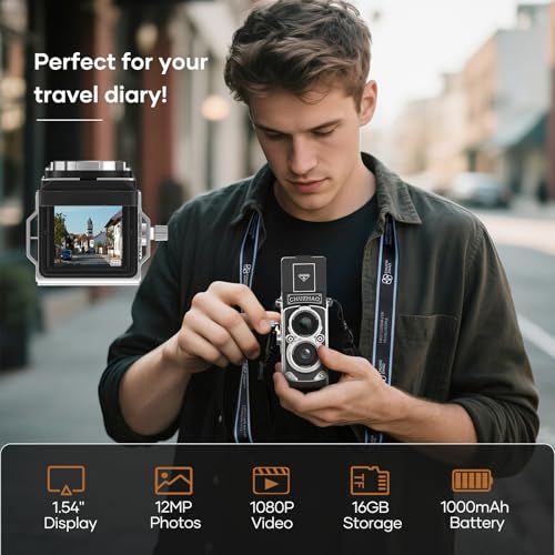 Image of Mini Vintage Digital Camera, Portable Retro Twin-Lens Reflex Style Digital Camera with 16GB Card, 12MP Photos, Autofocus, 1080P FHD Video, 1000mAh Battery and Dual Filters, Perfect for Boys & Girls