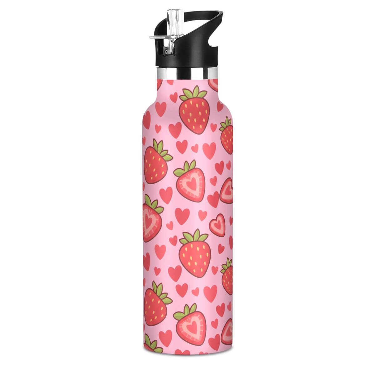 Mnsruu Strawberry Heart Pattern Water Bottle Stainless Steel Vacuum Insulated Mouth Bottle with Wide Handle