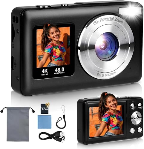 UCMDA Cámara Digital 4K   【2 Pantalla】, 48 MP, Enfoque Automático Ultra HD, Zoom Optico 18X, Ideal para Vloggers, Principiantes y Viajeros, Selfis con Niños y Adolescentes