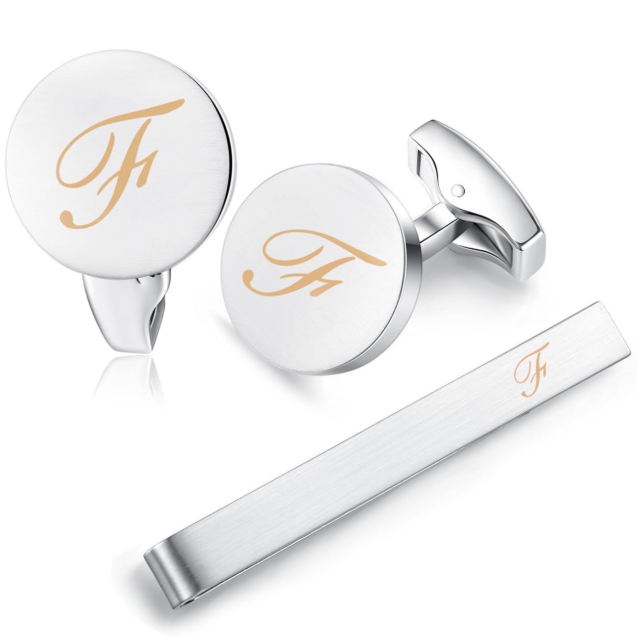 HONEY BEAR Silver Initial Letter Cufflinks Tie Clip Set for Men Wedding