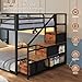 ADORNEVE Low Bunk Bed Twin Over Twin with Storage Staircase, Drawers & Shelves, RGB LED Lights Metal Floor Bunk with Power Outlet, Full-Length Guardrail & Metal Slats, for Small Space, Kids, Black