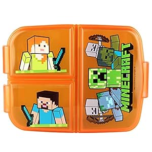 p:os p:os Minecraft Brotdose für Kinder mit 3 Fächern, Lunchbox aus Kunststoff mit Clip-Verschlüssen, Vesperdose für Kindergarten, Schule und Freizeit