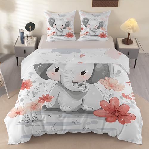 Funda Nordica Cama 180 Elefante Flores, Ropa de Cama Animal - Funda Edredon 260x240 Animal de Microfibra Suave con 2 Fundas de Almohada 50x75 cm, con Cremallera Y-952