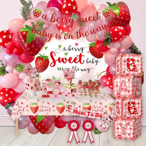 Strawberry Baby Shower Decorations Berry Sweet Baby Shower Decorations A Berry Sweet Baby Is On The Way Party Supplies Backdrop Balloon Box Mom to Be Sash Dad to Be Pin Tablecloths Cake Topper