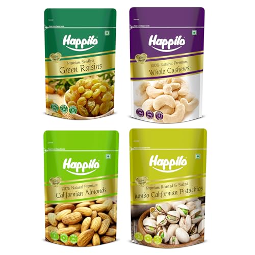 Image of Happilo Premium Dry Fruits Combo Pack of 4 | California Almonds, Green Raisins, Whole Cashews, Roasted Pistachios | Total 850 g | Healthy Dry Fruits Snacks | Kaju, Kismis, Pista & Badam Combo