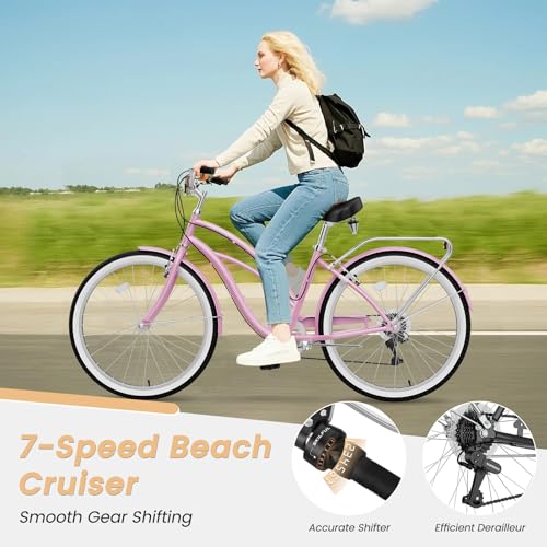 Image of MOONCOOL Beach Cruiser Bike for Women and Men, 24 /26 Inch 7-Speed Adult Bicycle, Comfortable Step-Through Frame with Rear Rack, Classic City Cruiser