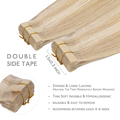 Image of WENNALIFE Tape in Hair Extensions Human Hair, 20pcs 30g 10 inch Dirty Blonde Highlighted Bleach Blonde Remy Hair Extensions Straight Human Hair Tape in Extensions Skin Weft Extensions Hair