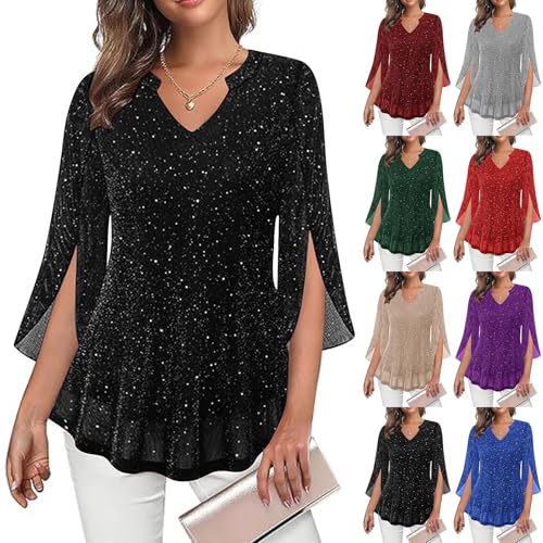 Shimmery Top Sequin Tops for Women Dressy V Neck Ruffle 3/4 Sleeve Sparkly Going Out Top Fall Womens Clothes 2026 Blusas De Verano para Mujer Wardrobe Capsule Woman Over 50 Black - image 1