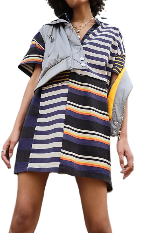 Image of NUFIWI Y2K Striped Shirt Mini Dress for Women Oversized Stripe Tunic Tshirt Dresses Short Sleeve Buttons Loose Fit Tee Dress