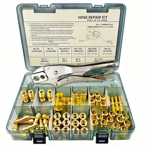 58PCS Hose Repair Kit, 1/4 I.D. Torch Hose Repair Kit, Air Hose Crimper Tool for Air Hoses/Torch Hoses/Oxygen Acetylene Hoses,Include Fittings/CrimpingTool/Ferrules/Couplers/Braces/Nipples/Nuts etc