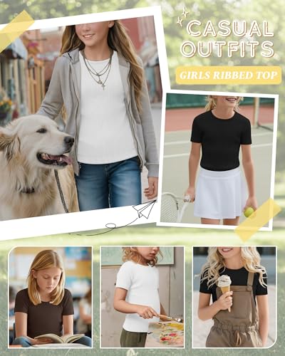 3 Pack Girls Short Sleeve Tops Ribbed Knit Crew Neck Shirts Basic Solid Tees Slim Fit Casual T-Shirt Size 5-14 - Image 3
