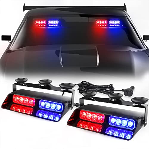 WINECO 2 in1 Dash Emergency Strobe Lights Interior Windshield Red Blue Warning Safety Flashing Police Lights Law Enforcement w/Suction Cups for Volunteer Vehicles Trucks (27.16 inch 16 LED)