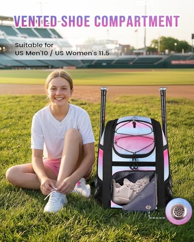 Image of MATEIN Softball Bag, Lightweight Baseball Backpack with Shoe Compartment, Baseball Bag with Fence Hook for TBall Bat & Equipment, Softball Gifts Catchers Backpack for Women Fit Catcher's Mitt, Helmet