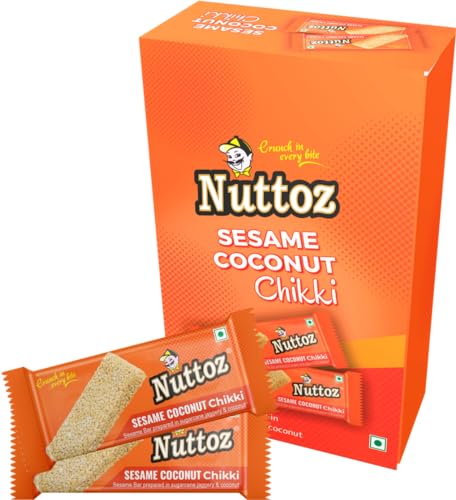 Image of Peanut and Coconut Chikki Snack Pack, 20 Pieces, Assorted Flavors, Indian Sweets (Coconut Sesame Chikki)