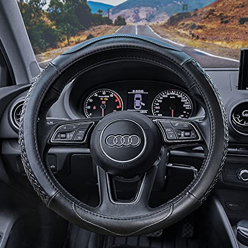 Image of Haokay Heavy Duty Pure Cowhide Steering Wheel Cover, Genuine Leather Steering Cover with 15 Inches Universal Fit (Black-4)