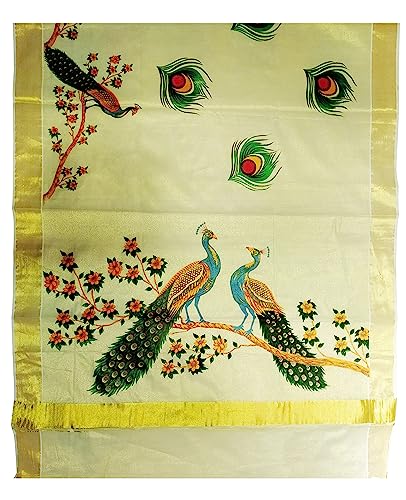Image of Women's Mural Printed Kerala Gold Tissue Saree with Running Blouse Piece | Traditional South Indian Ethnic Saree for Festivals, Weddings & Special Occasions