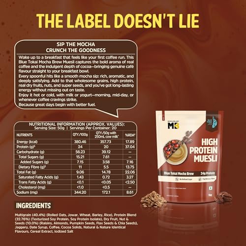 Image of MuscleBlaze High Protein Muesli (Blue Tokai Mocha Brew, 1kg) | 24g Protein | With Raisins, Almonds & Super Seeds, High Protein Breakfast Cereals