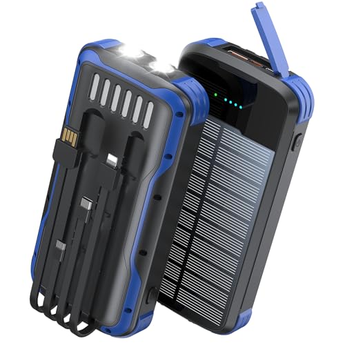Solar Charger Power Bank, PD 20W Fast Charging External Batter, 40000mAh Portable Phone Charger Built in 4 Cables with Dual Bright Flashlights for Camping, Hiking, and Outdoor Use (Blue)