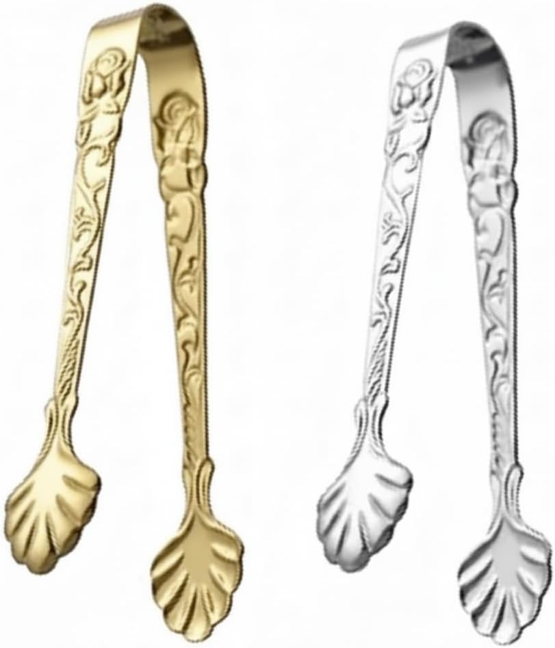 2 Pack Vintage Rose Sugar Tongs, Stainless Steel Ice Cube Clips with Elegant Rose Handle, Small Food Tongs for Tea, Coffee Party, Desserts, Appetizers, Kitchen and Barware (Gold & Silver)