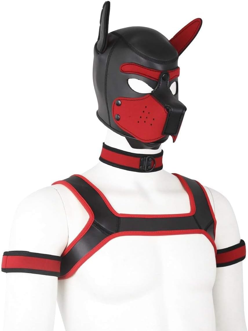 Adults Neoprene Puppy Hood Custom Animal Head Mask Novelty Costume Dog Hood Mask,Collar,Armband and Harness Set (Red)