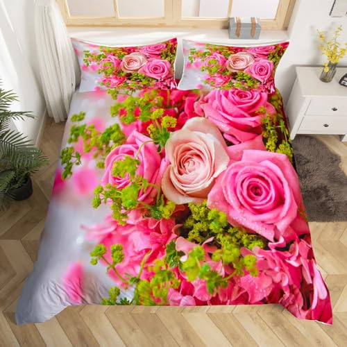 Feelyou Pink Roses Duvet Cover Set Twin Size Valentine's Day Bedding Set for Her Kids Teens Girls Lovers Couple Wife Rose Flowers Room Decor Valentines Floral Comforter Cover with 1 Pillow Shams