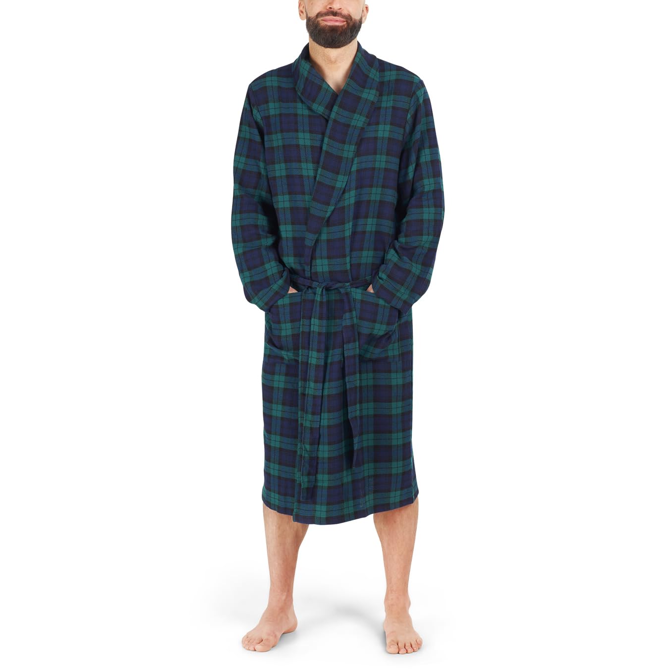 John Christian Vestaglia leggera da uomo in cotone spazzolato a quadri verde e blu navy