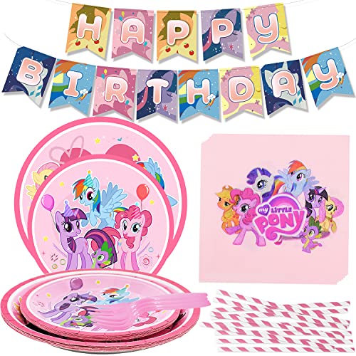 My Little Pony Décorations simyron licorne Décorations de fête d'anniversaire Little Pony Comprend des bannières Assiettes à gâteau Serviettes Vaisselle de fête d'anniversaire adaptée pour 8 invités