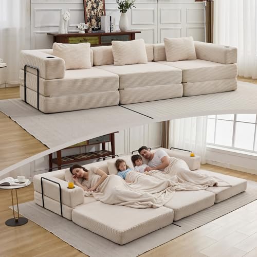 Yihomfy Canapé-lit Canape Convertible 300 cm, canapé-lit modulable en Velours côtelé, canapé 3 Places,canapé-lit Pliant avec 3 oreillers, 2 Porte-gobelets,...