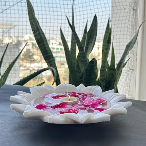 Image of Marble Urli Bowl for Decoration | Big Potpourri Decorative Bowls in Home decor | Large White Floating Flower Plates of Stone | Small Shape puja Item | (9 inch, Lotus Plate)