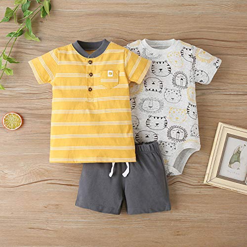 Newborn Infant Baby Boys T Shirt Cartoon Striped Romper Shorts 3PCS Outfit Set Multicolor
