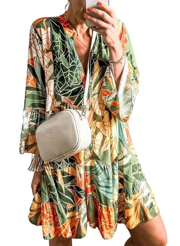 Image of miduo Womens Dress V Neck Buttoned 3 /4 Sleeve Bohemian Tribal Mini Dresses | Casual Summer Shift Dresses Resort Wear for Vacation Holiday
