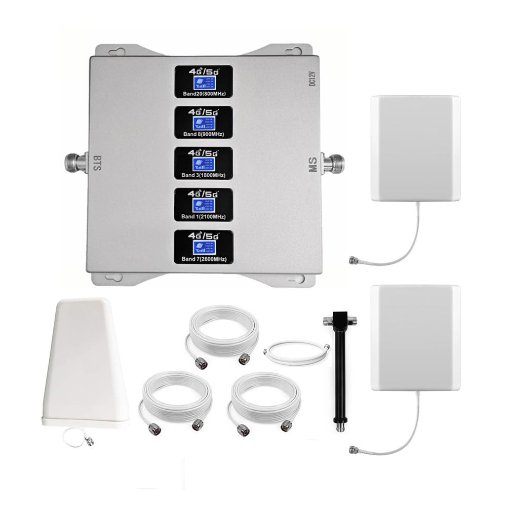 Amplificador 4G 5G Amplificador Señal Movil, 5 Bandas B1(N1)/B3(N3)/B7/B8/B20, Dos Antenas Interiores
