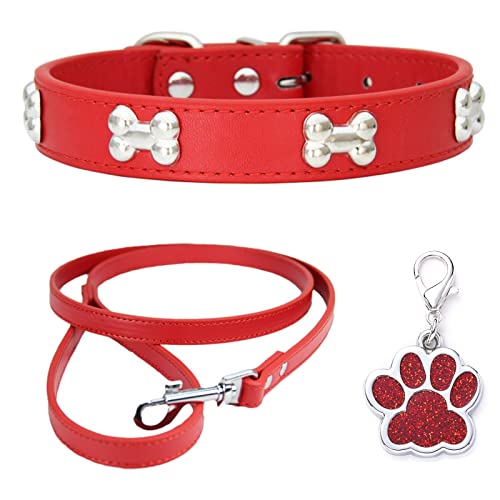 HALFSUMO Leather Dog Collar Dog Collar Combo Set Dog Collars Adjustable Puppy Collar for Small Medium Dogs Cats Red S