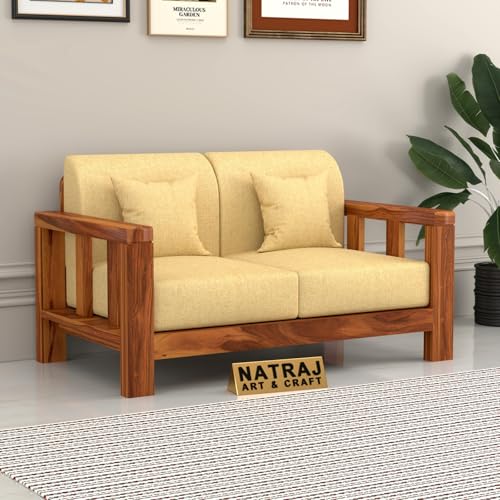 Image of NATRAJ ART & CRAFT Solid Wood 2 Seater Sofa for Living Room | Wooden Frame Fabric Cushioned Loveseat Sofa with Armrests| Modern Comfortable Couch for Home & Office (Honey Finish)