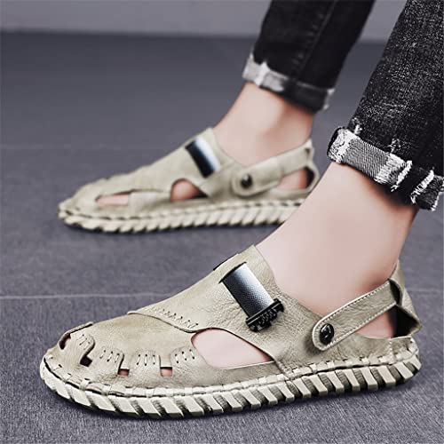 Men's Sandals Casual Closed Toe Hand Stitching Leather Outdoor Male Shoes Lightweight Beach Slippers(Gray,40)